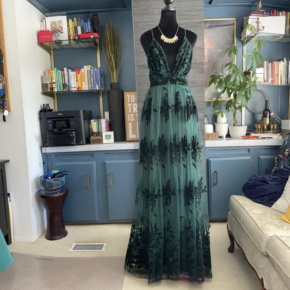 Teal tulle suede appliqué gown